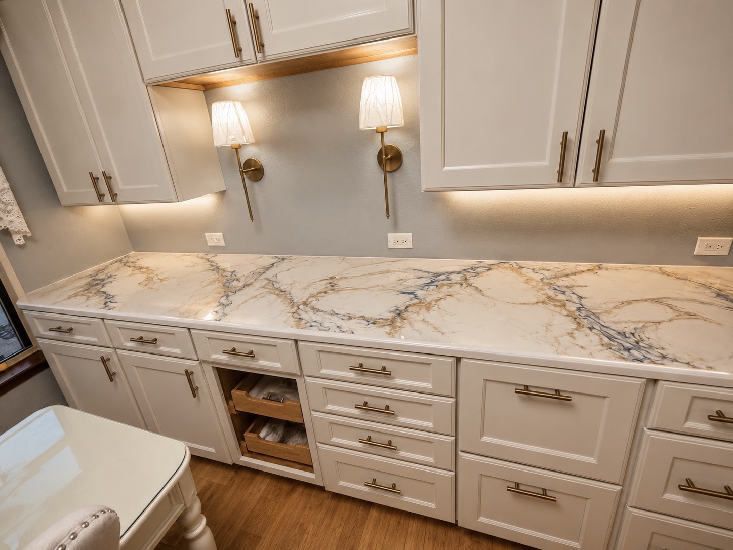 Close view of custom marble-style epoxy countertop with charcoal and gold veining by Epoxy Masters